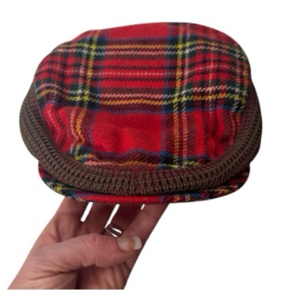 Stewarts Of Scotland Red Plaid Cap with Brown Trim.